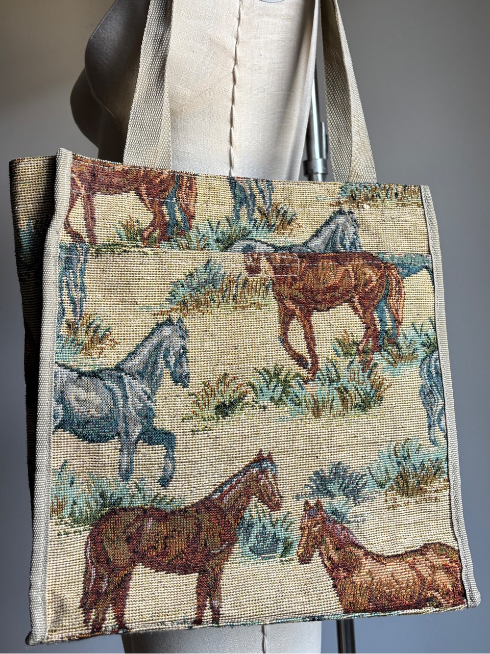 Vintage Jade Horse Tapestry Tote Equestrian Multi-color Zipper Velcro Closure
